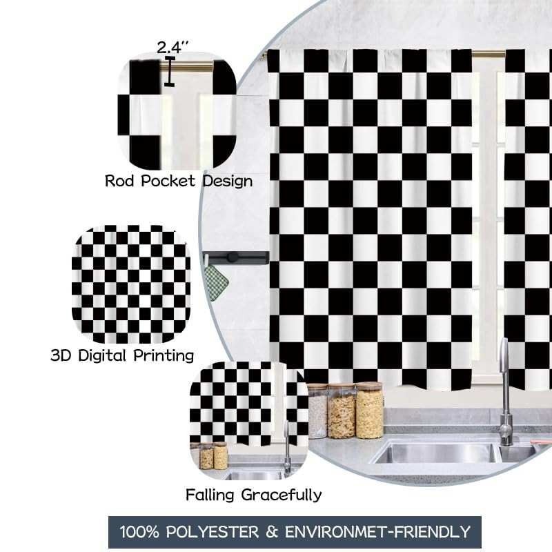 Black and White Checkered Kitchen Curtains, Rustic Farmhouse Kitchen Curtain,…