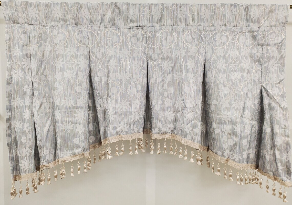 Olympia Silver Blue Pleated Valance with Accent Fringe 40Wx25L NEW VINTAGE