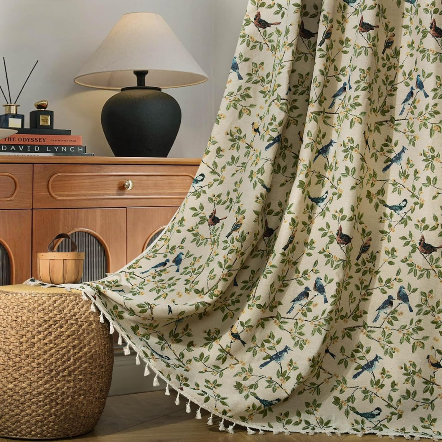 Floral Birds Jacquard Curtains – Farmhouse Style Light Filtering 60″x95″ 2pcs
