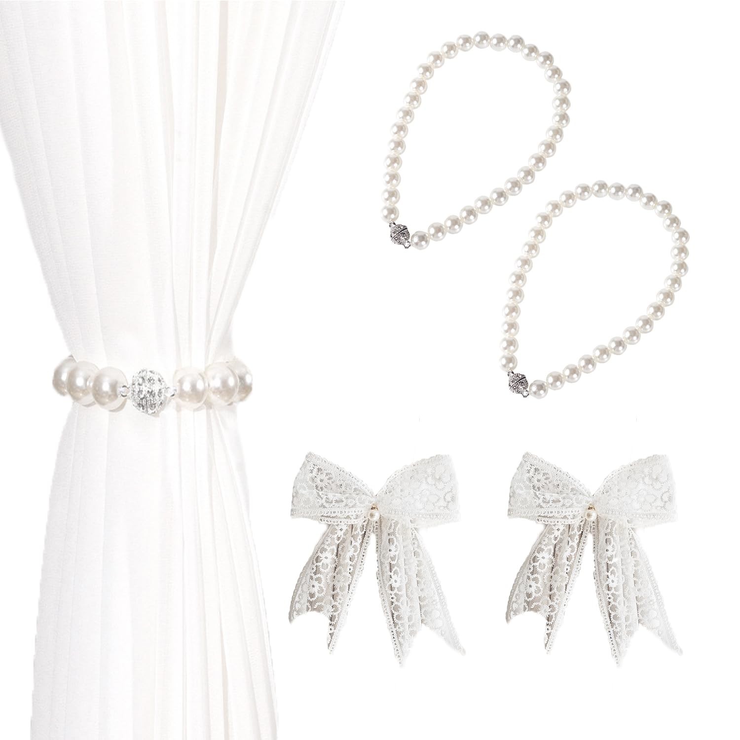 UtySty 4 Pack Curtain Tiebacks Magnetic Beaded Pearl Tie Back Lace Bow White