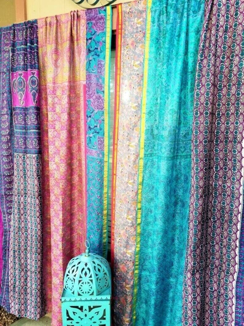 2 Pcs Indian Sari Patchwork Curtain Drape Window Decor Multi Silk Hippie Curtain