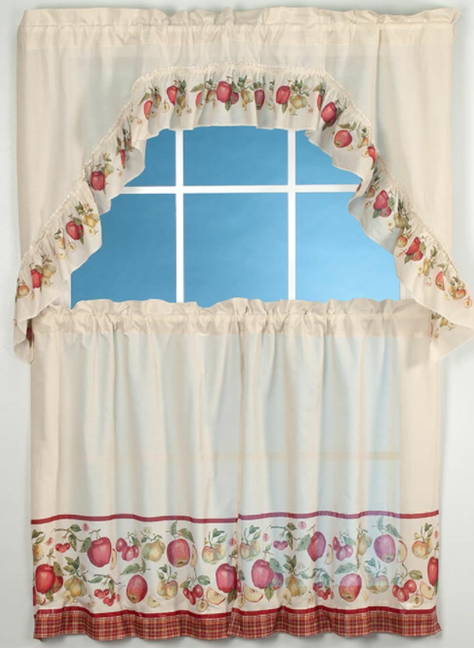3pc Kitchen Curtains Set:2 Tiers(30″x36″) & Swag (60″x36″) APPLES & PEARS,United