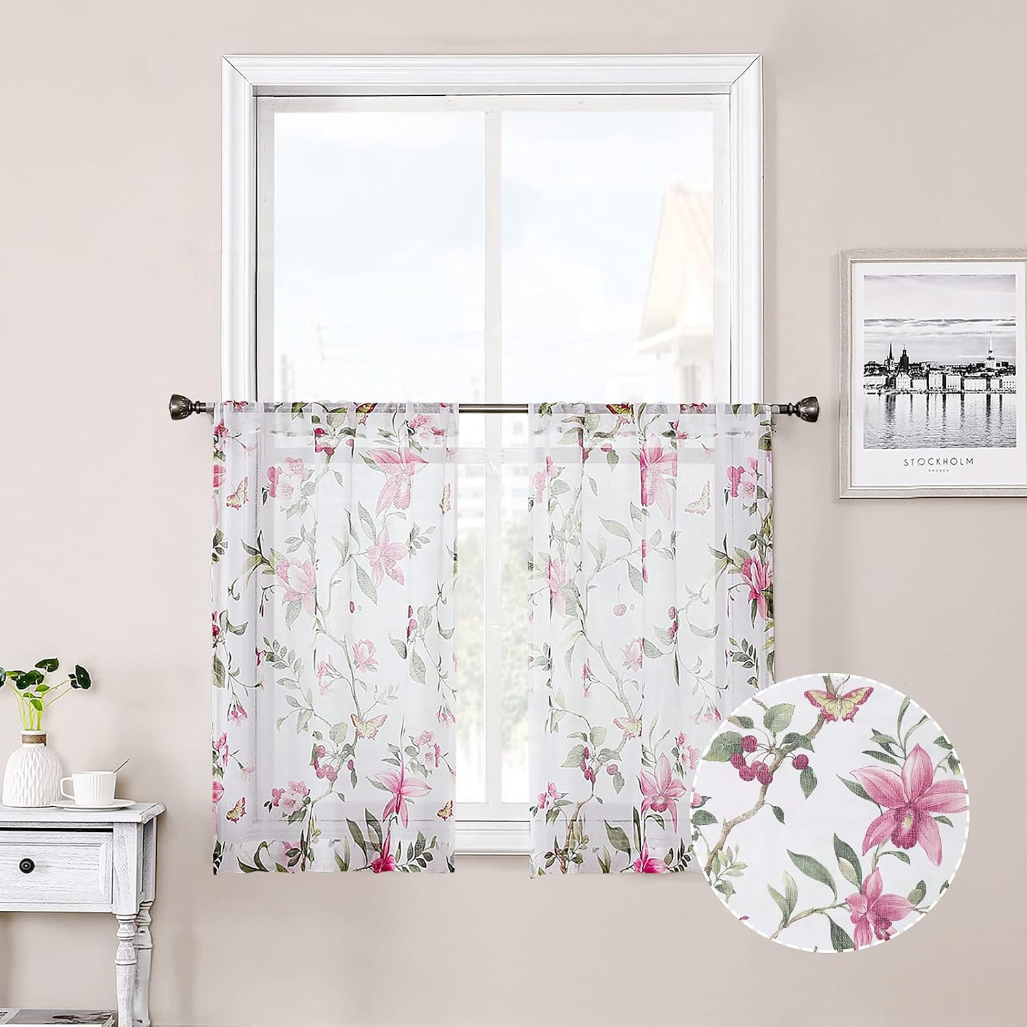 Floral Short Sheer Tier Curtains Pink Cherry Flower Butterfly Print Half Curtain