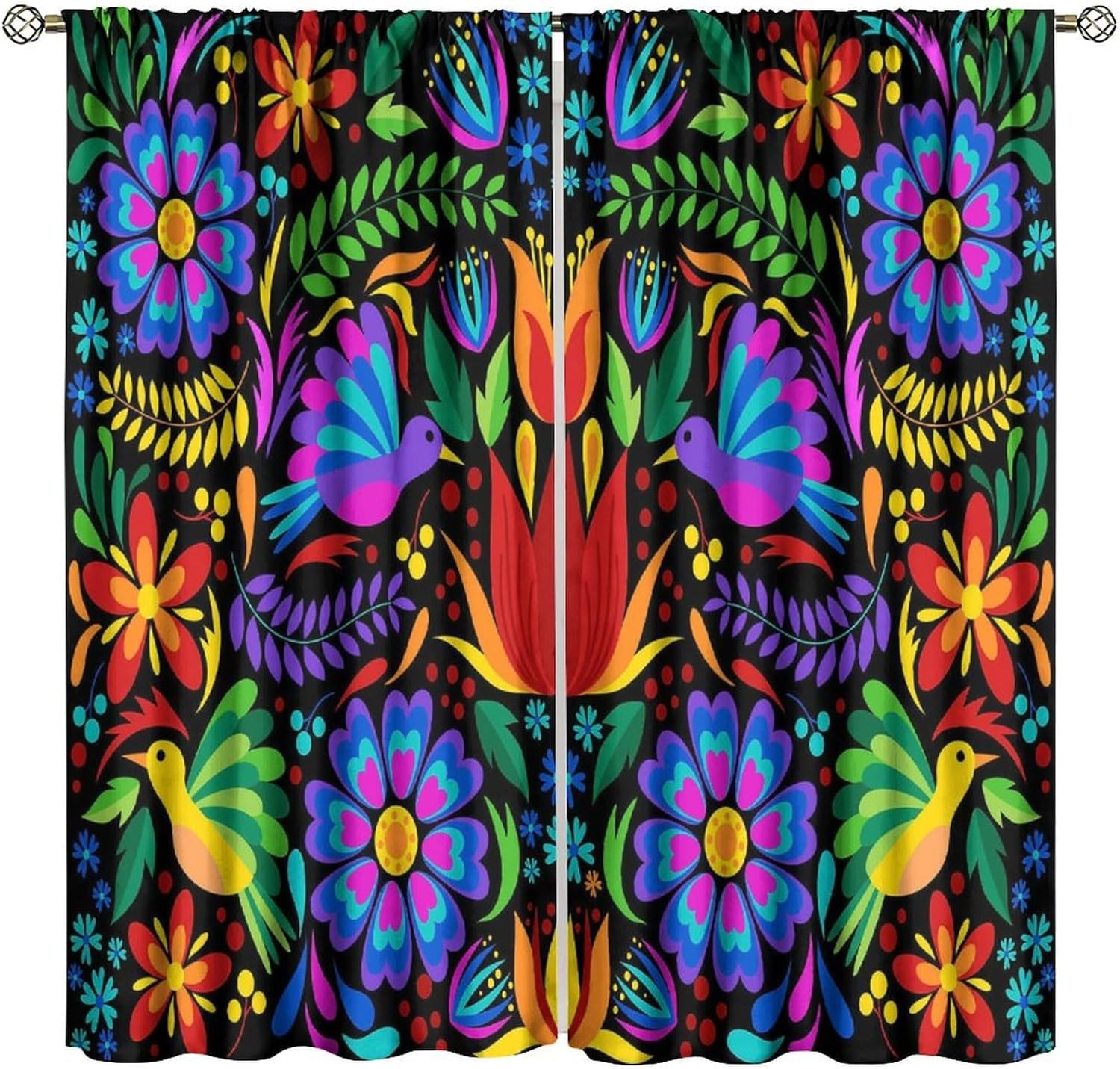 Mexican Blackout Window Curtain Birds Colorful Flowers Mexican Embroidery Style