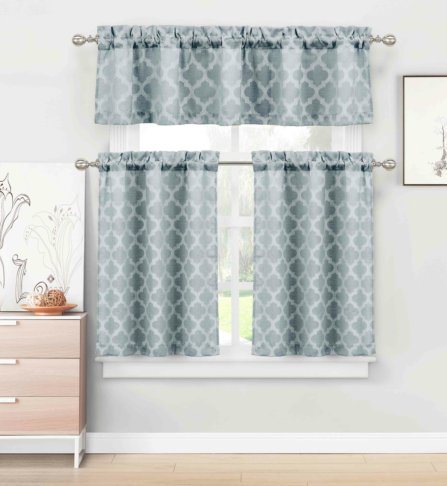 Denim 3 Pc Kitchen/Cafe Tier Window Curtain Set: Moroccan Trellis/Tile Design