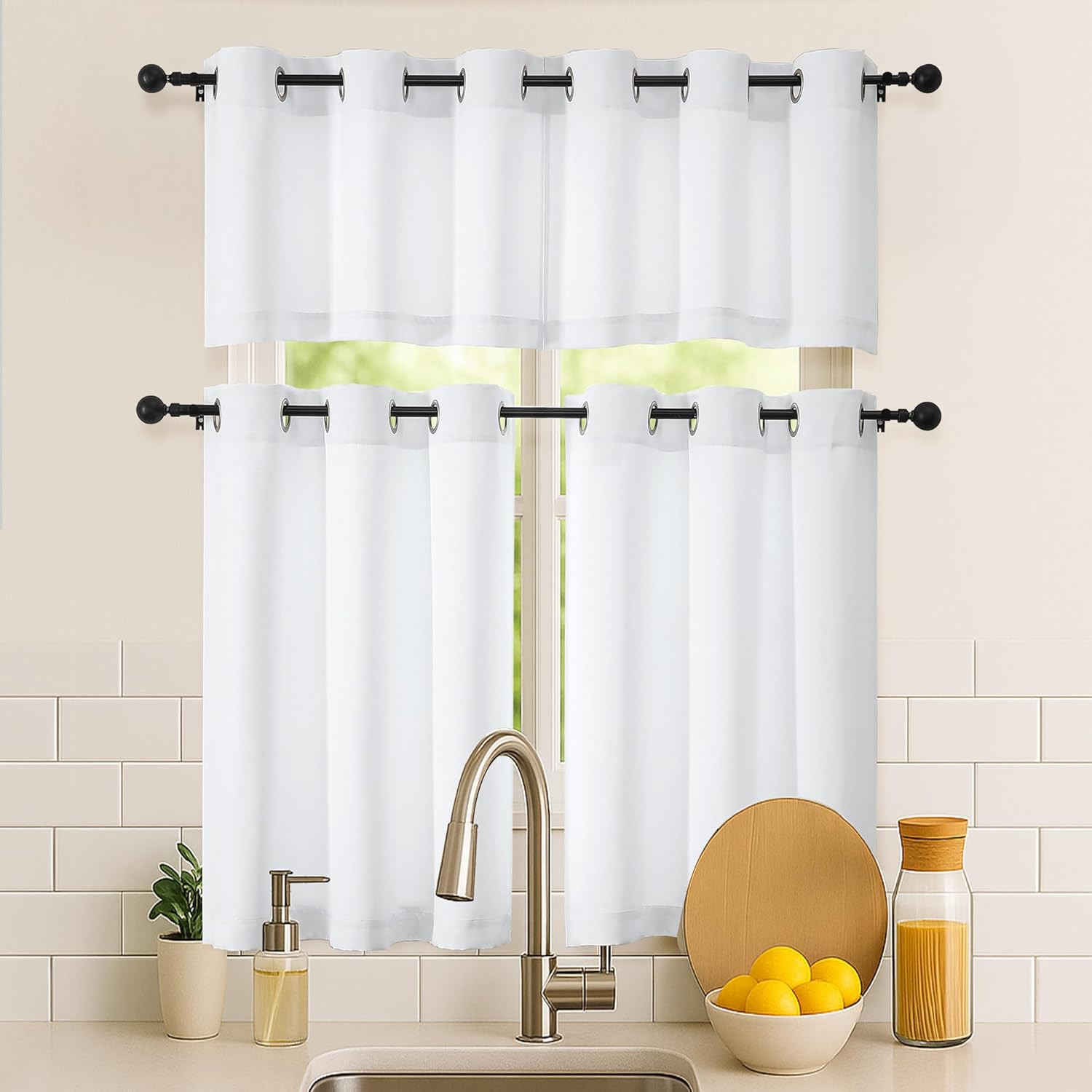 Pure White Window Valance for Kitchen 14 Inches Long 2 Panels Set, Light Filteri