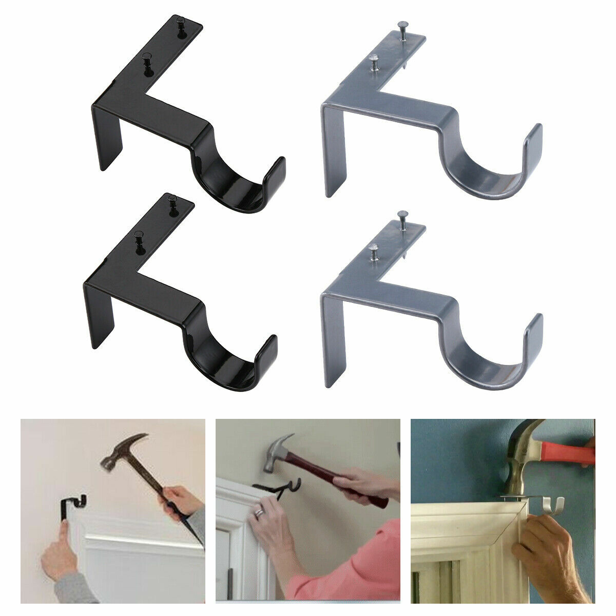 2-6pc Curtain Pole Brackets No Drill Curtain Rod Holder Into Wooden Window Frame