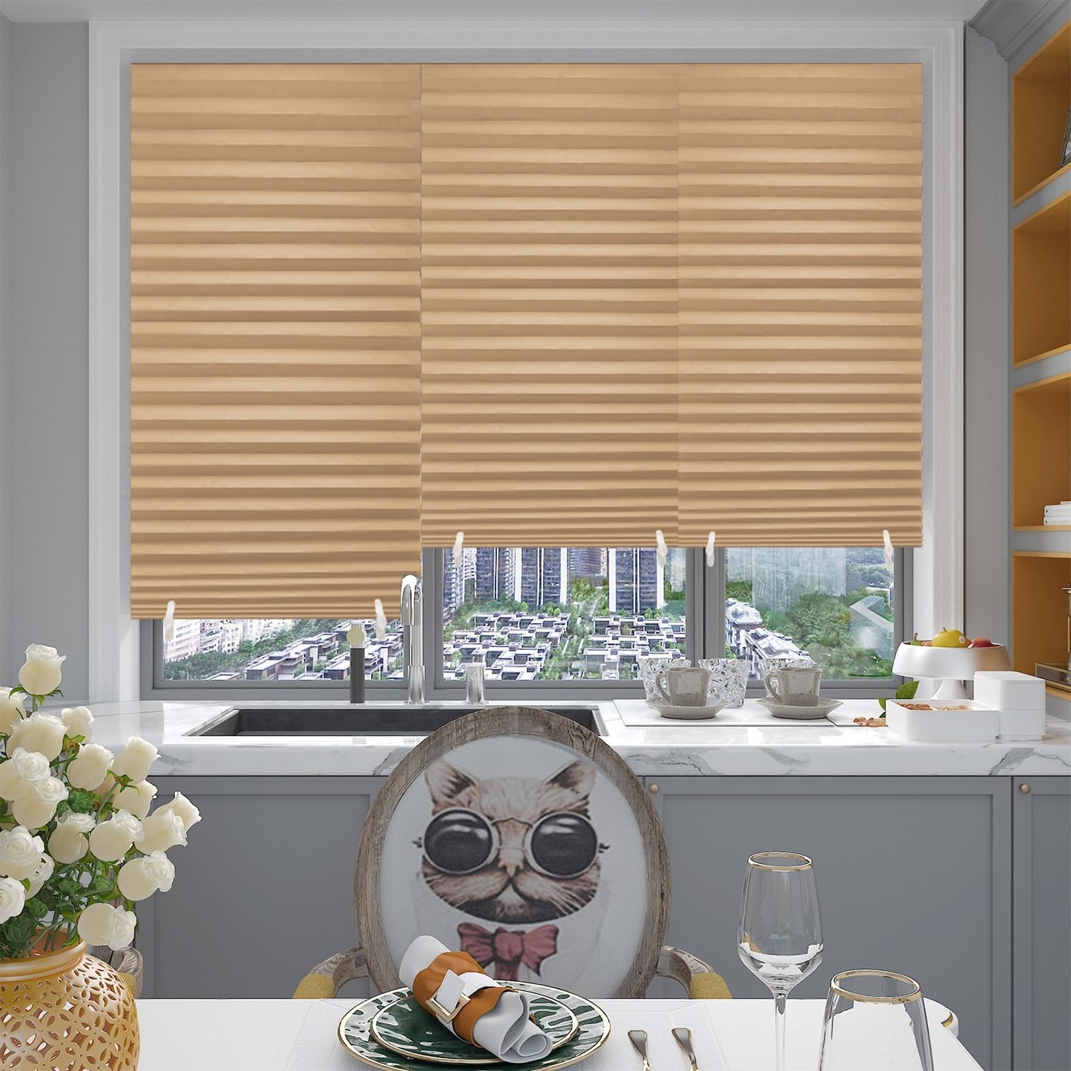 6 Pack Pleated Paper Blinds Adhesive Paper Shades No Tools No Drill -Brown