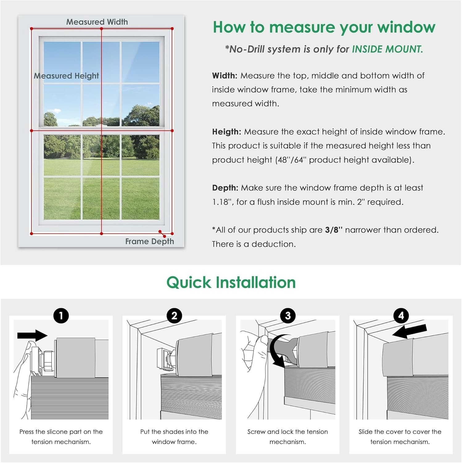 20.5″ x 72″ Cordless Cellular Blackout Shades Light Blocking No Drill / Tools