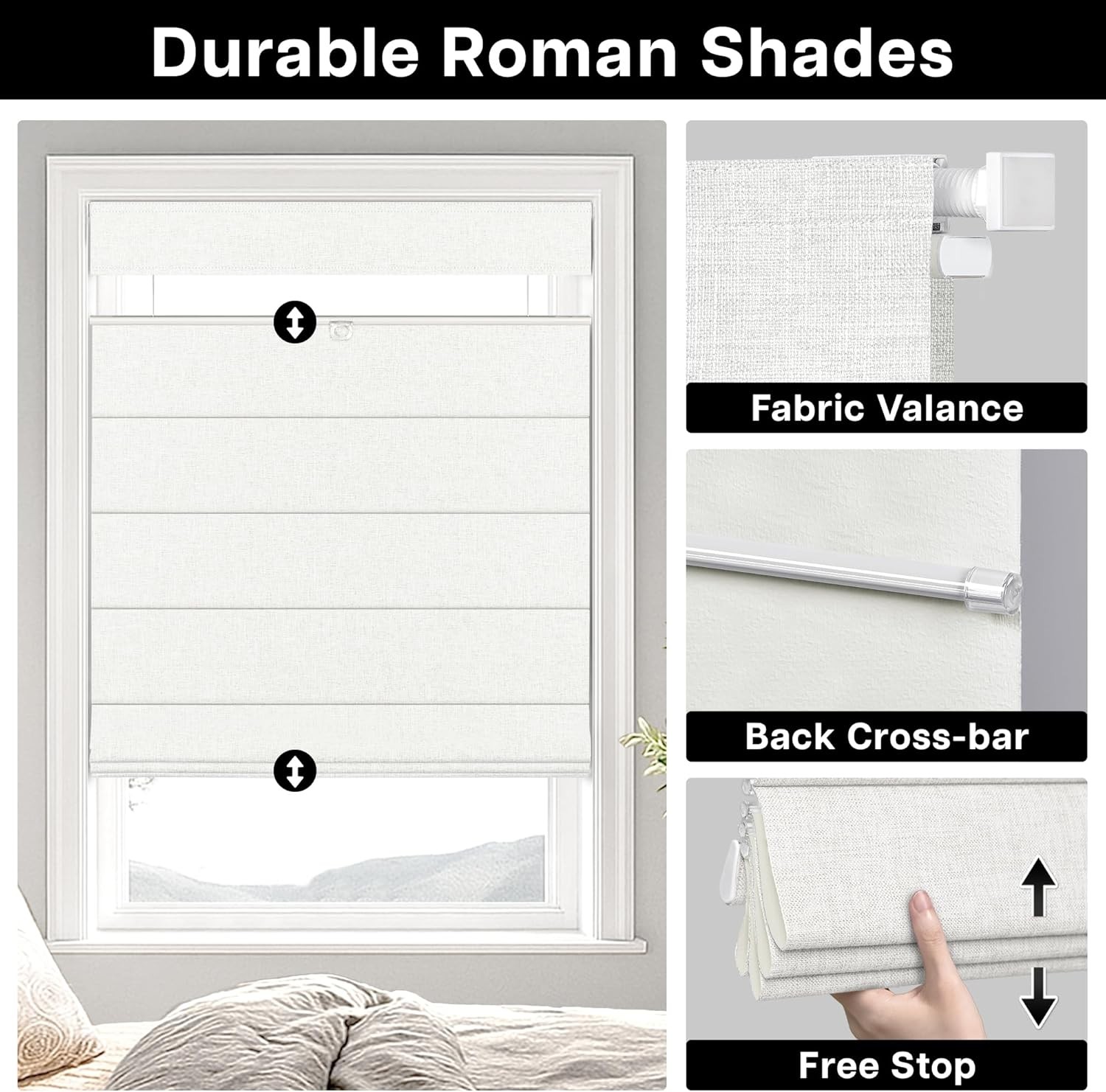 No Drill TDBU Roman Shades, Blackout – White, 35″ W x 64″ H | No Tools Down