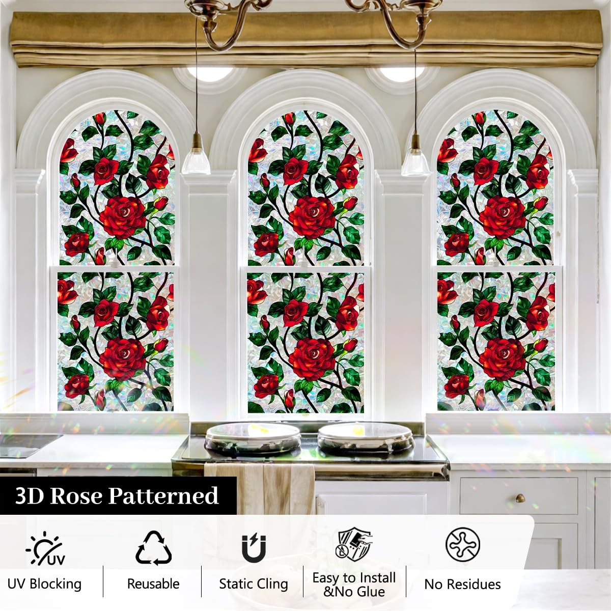 Stained Glass Window Film 29.5 x 78.7 in, Red Rose Floral Decorative Window P…