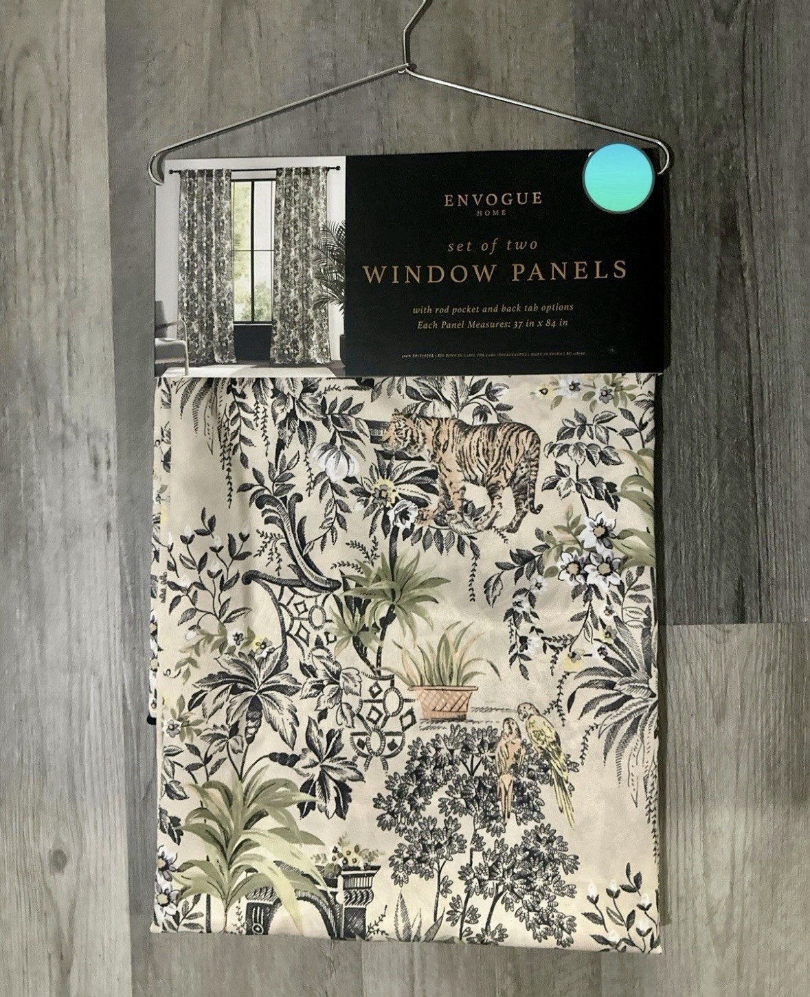 NWT Envogue 2 pc Window Curtains Asian Toile Jungle Tigers Birds ea 37″ x 84″ lg