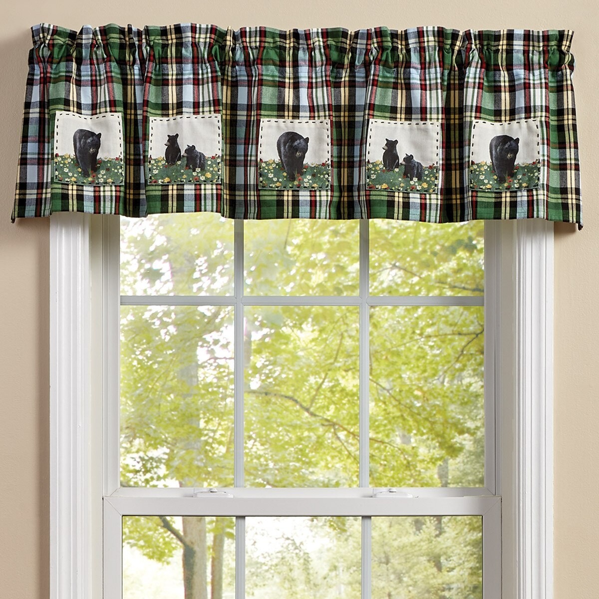 HAPPY TRAILS BEAR PATCH PLAID LINED VALANCE 60X14, NEW IN PACKAGE