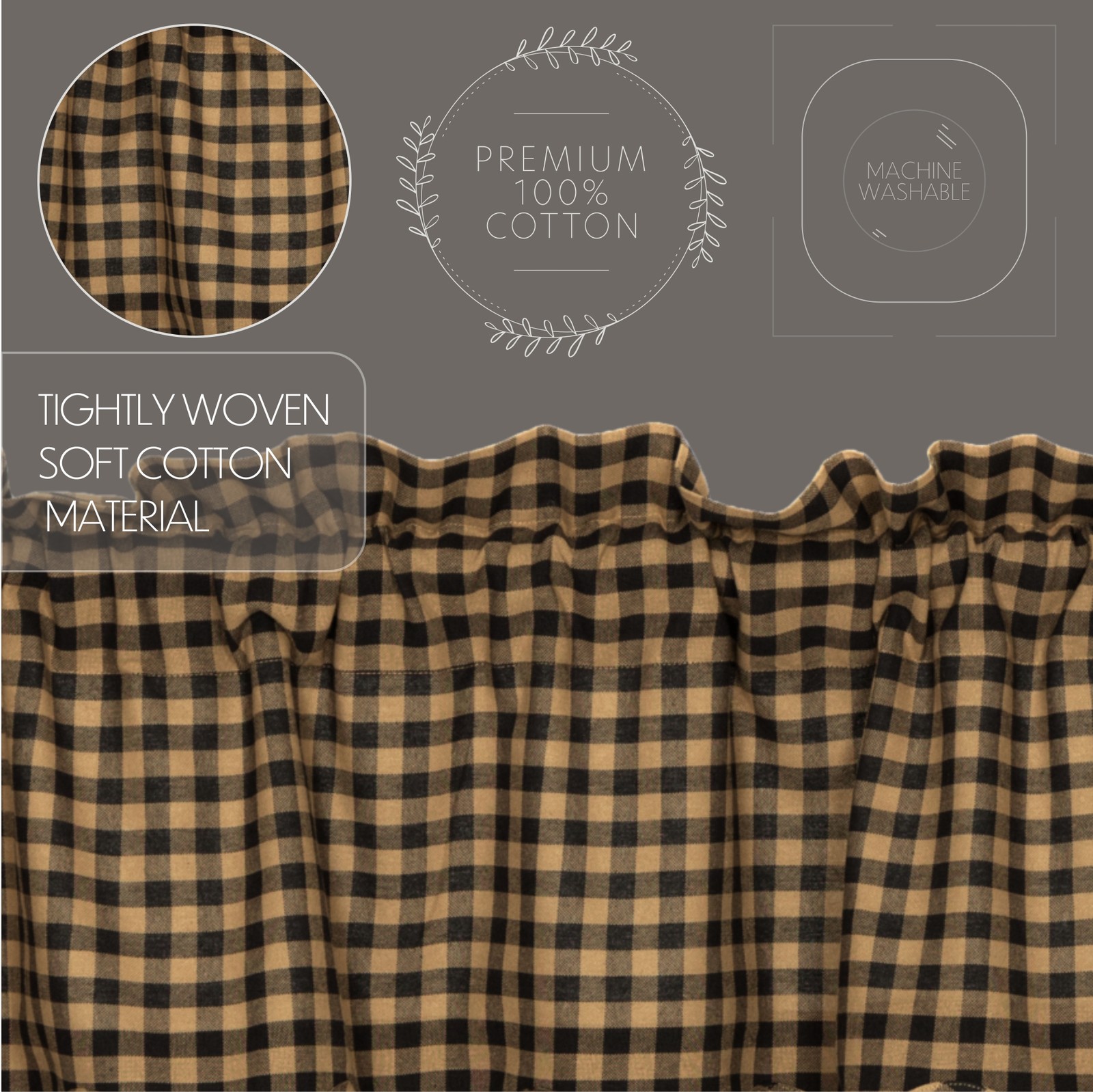 Primitive 63″x36″ Panel Pair Black Rod Pocket Check Window Curtains VHC Brands