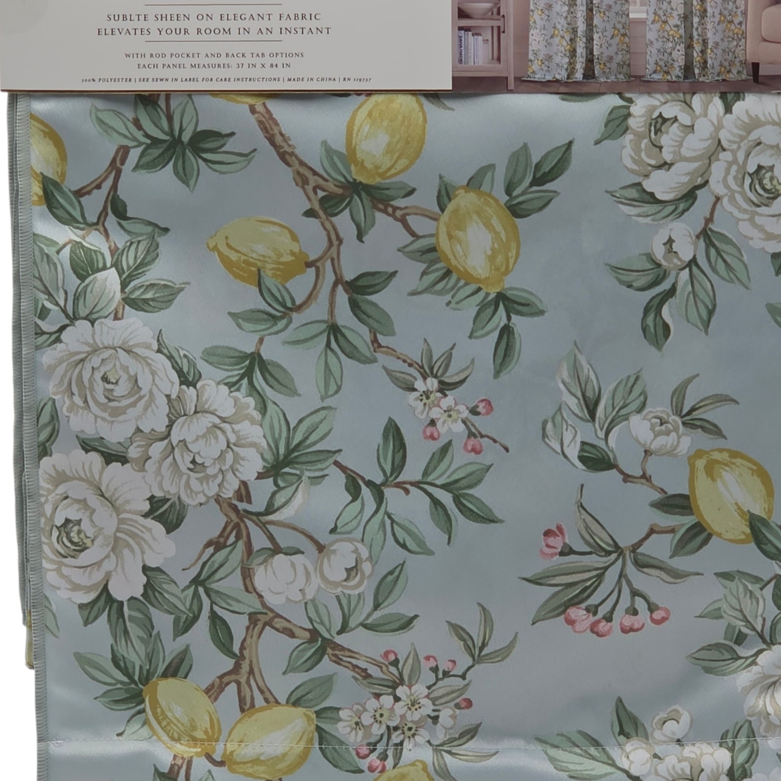 Lemon Floral Cottage Curtains Set of 2 Blue Botanical Farmhouse Drapes 50