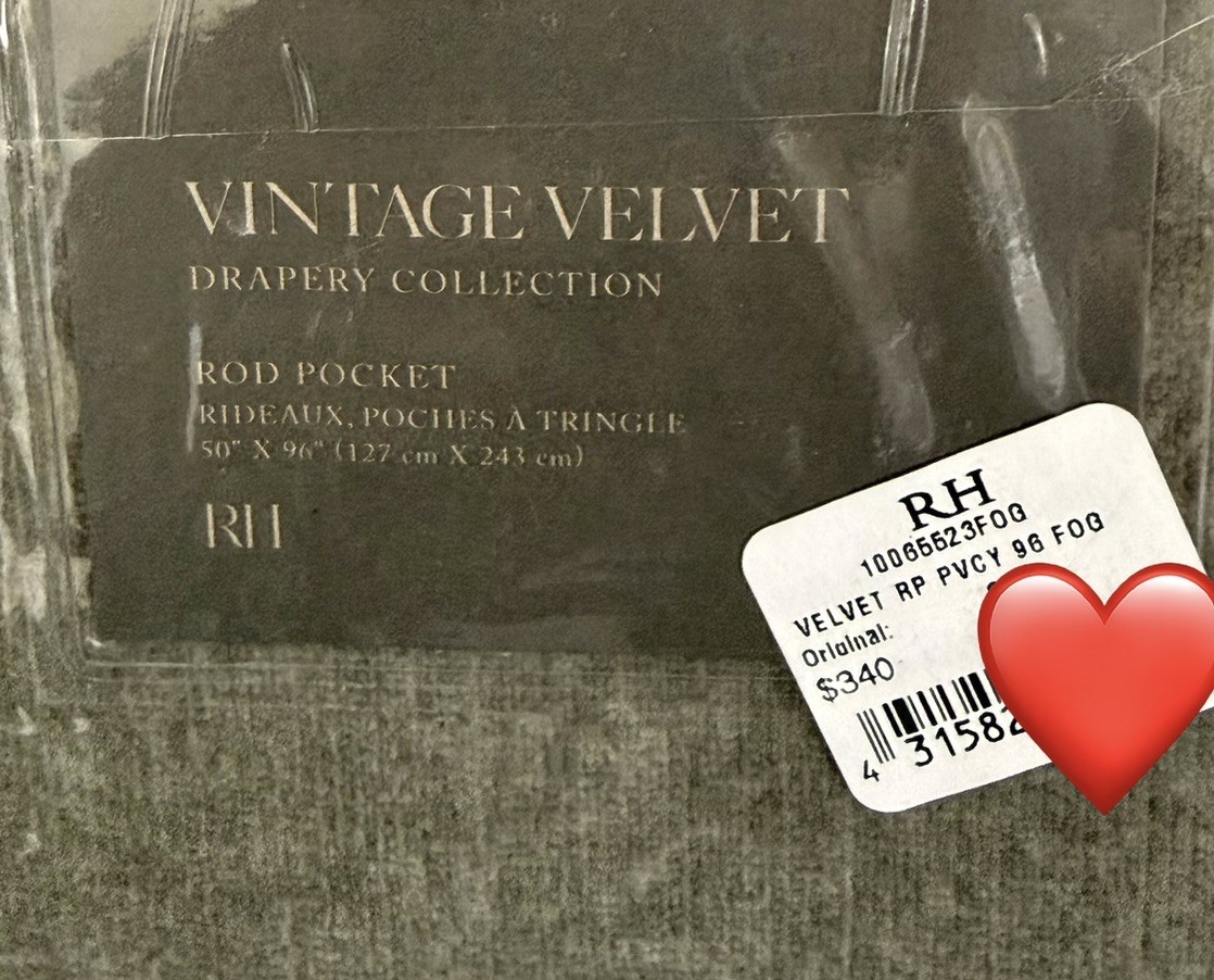 Restoration Hardware Vintage Velvet Drapery Rod Pocket 50″W x 96″L Fog $320