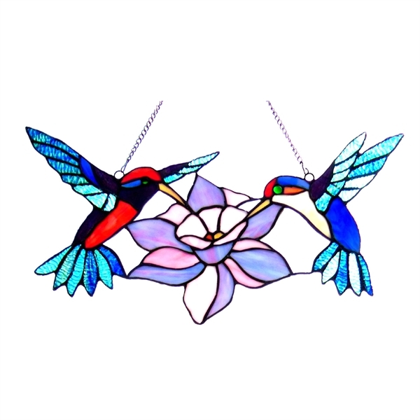 Stained Glass Window Panel 18″ Wide x 8″ Tall Hummingbirds Tiffany Style