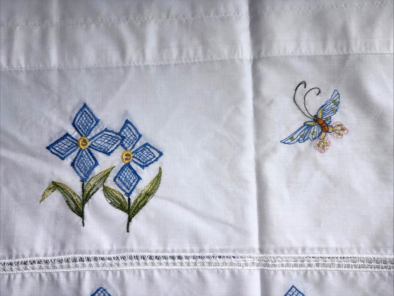 Embroidered Topper Valance Cutwork 12x68in. Butterflies Blue Flowers Rod Pocket