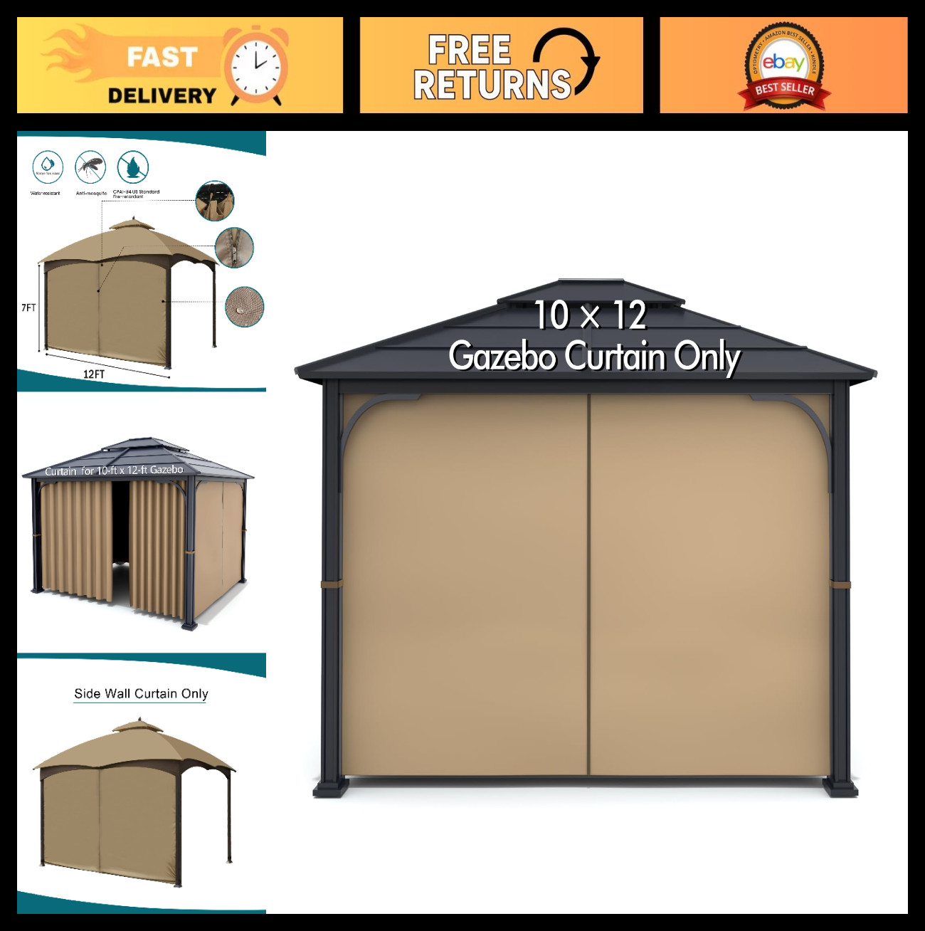 Universal Replacement Privacy Curtain for 10′ x 12′ Gazebo – Zippered Side Wall