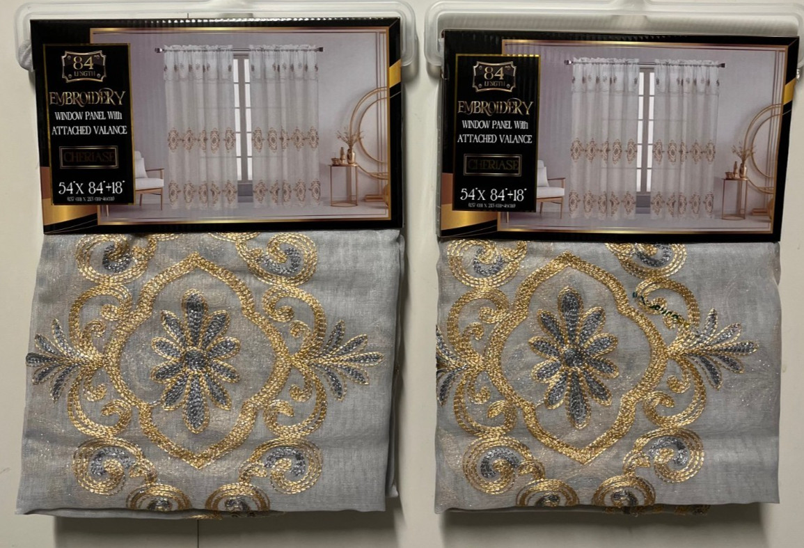 Set of 2 Cheriase Sheer Embroidered Curtains with Valance, 84″ Long