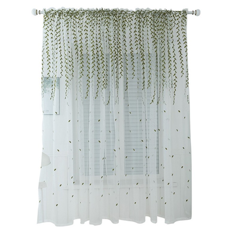 Pastoral Green Willow Leaf Embroidery Sheer Window Curtain Wicker Tulle Drapes
