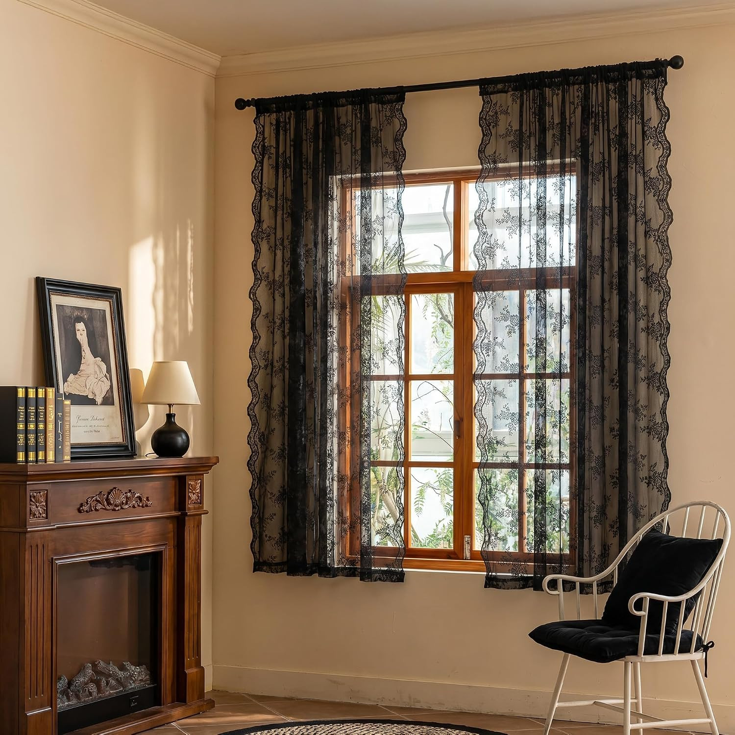Black Lace Curtains 63 Inch Length 2 Panels Set, Victorian Vintage Gothic Sheer