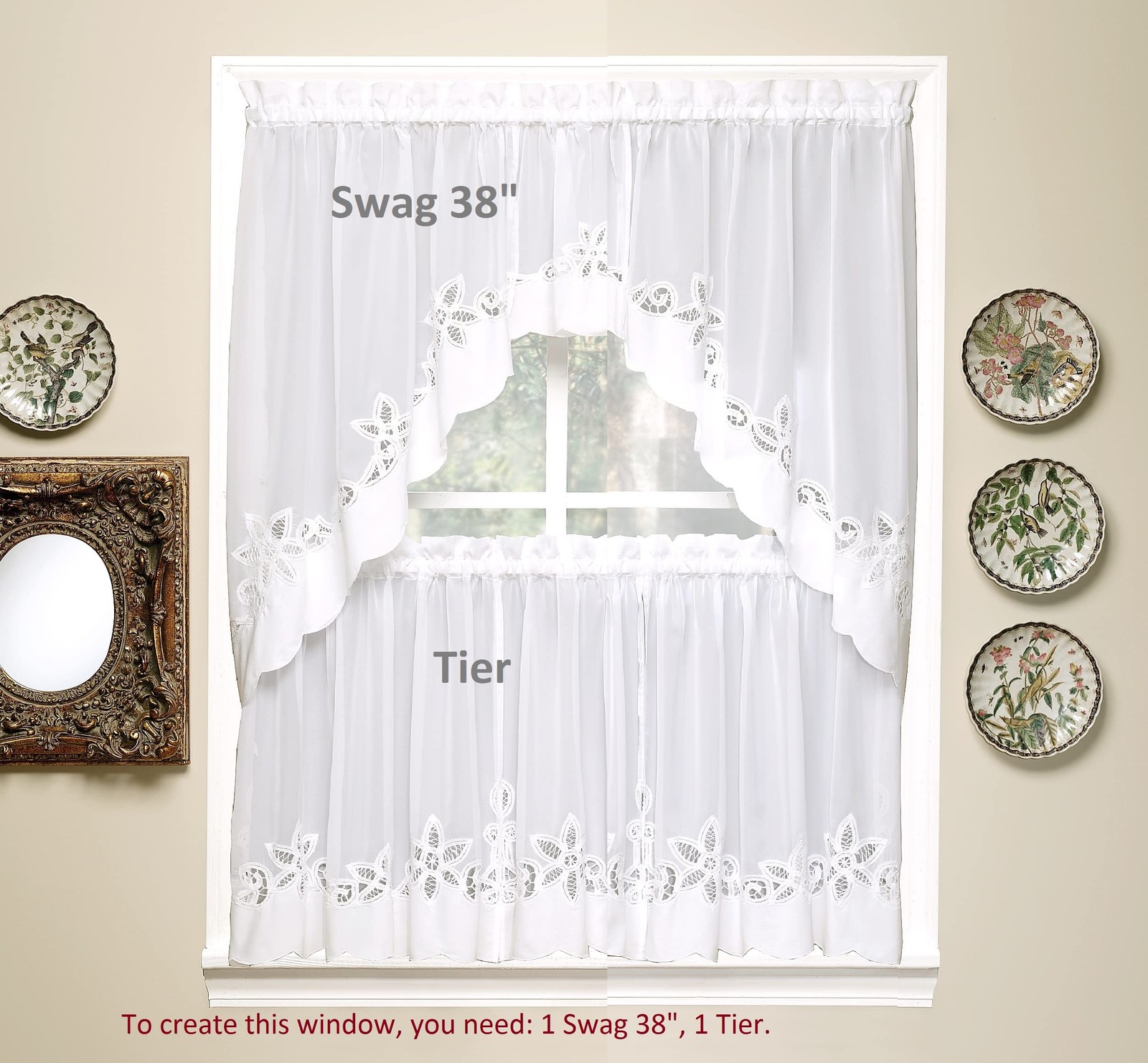 Plymouth Classic Battenburg Applique Sheer Window Tier, 36-Inch, White