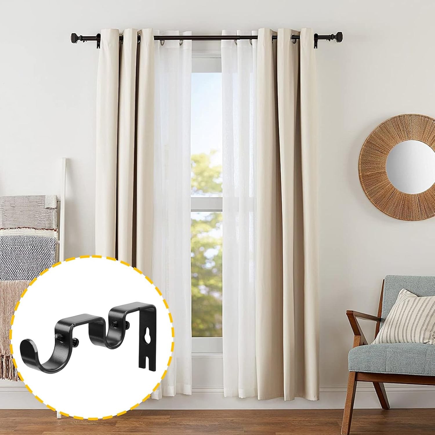Double Curtain Rod Bracket,2 Pack Metal Curtain Rod Hooks for Wall,Sturdy Curtai