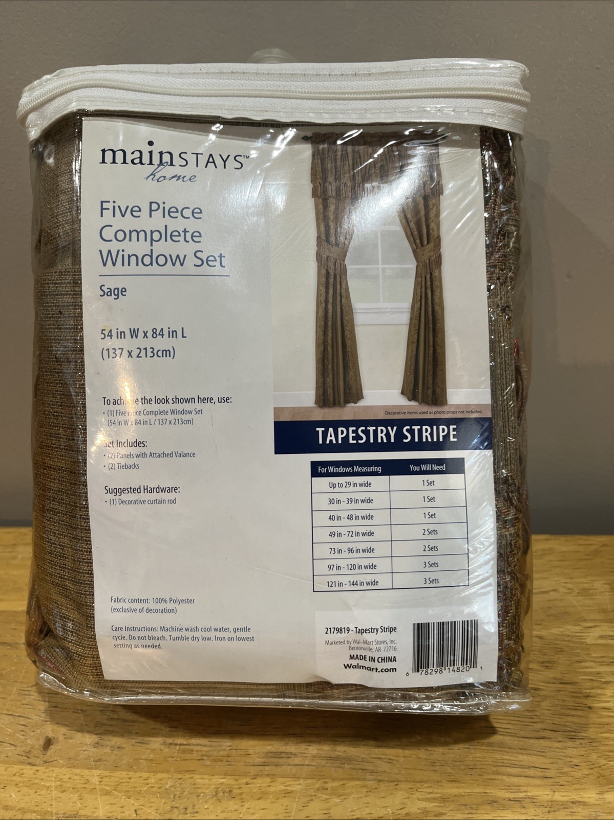 Mainstays Home Tapestry Stripe Five Piece Window Set Tan Red Sage 54×84″ NEW