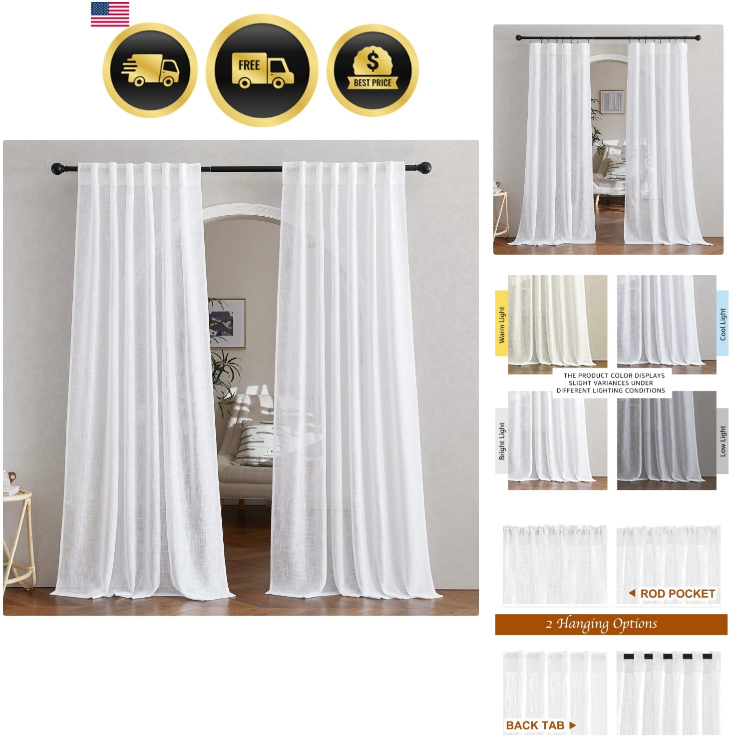 White Linen Sheer Curtains and Drapes 84 inches Long, Rod Pocket & Back Tab s…