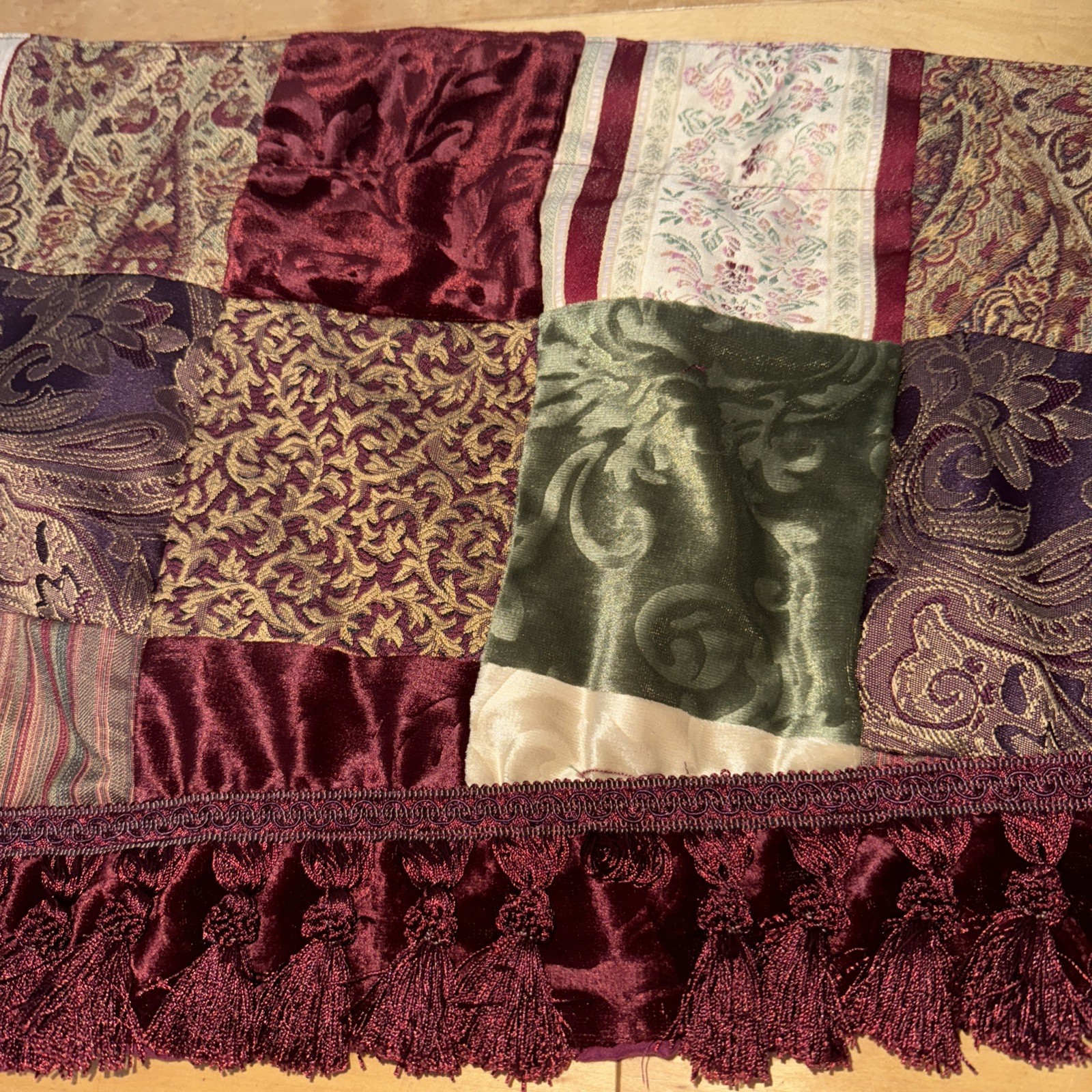 2 Scallop Patchwork Valances Burgundy Green Gold Velvet Tapestry Jarquard 54X18