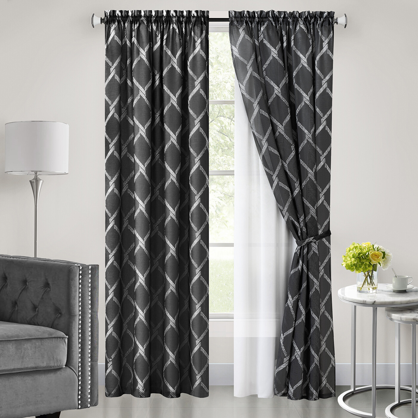 Black Window Panels Double Layer Light Filter Modern Moroccan Trellis Curtains