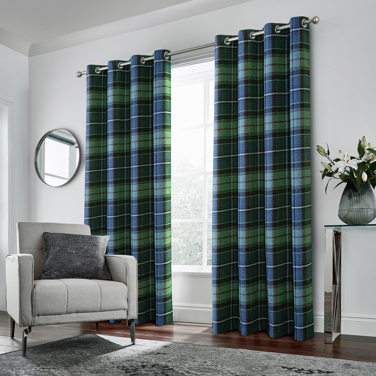 always4u Woolen Look Plaid Curtains Blue Green Check Tartan 2 Panels 45 x 95