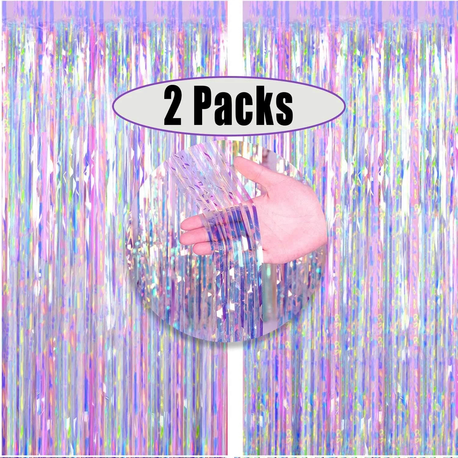 FECEDY 2pcs 3ft x 8.3ft Shiny Corlorful Metallic Tinsel Foil Fringe Curtains Pho