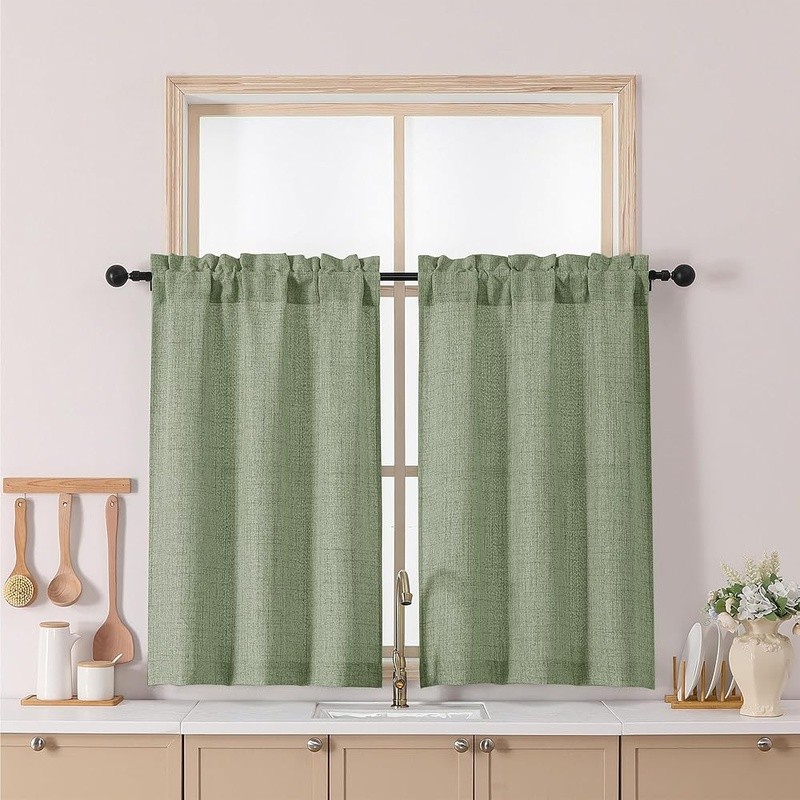Light Filtering Faux Linen Window Curtains 2 Panels Green Machine Washable New