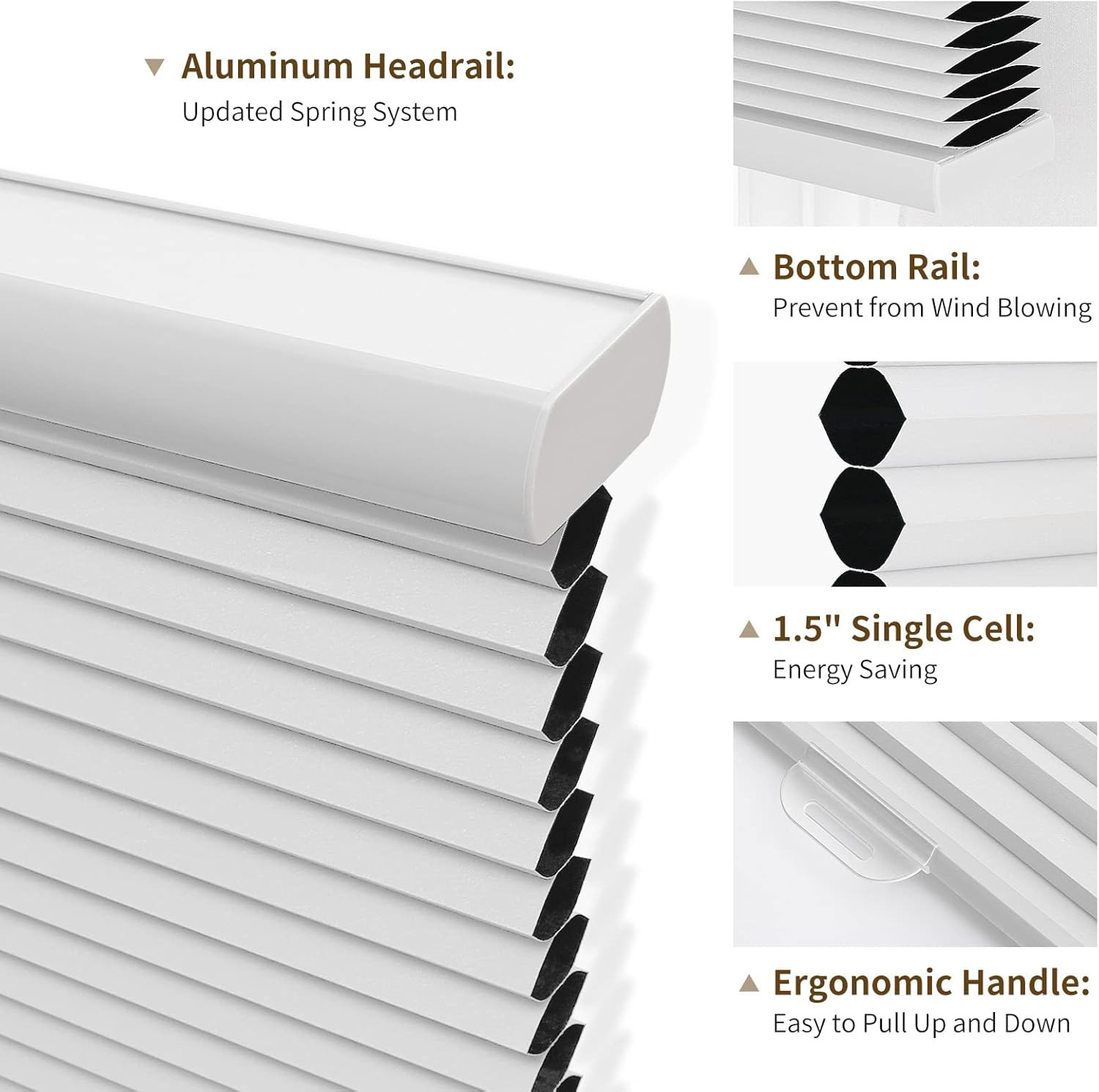 Cordless Cellular Shades, 46 Inch Wide Blackout Honeycomb Blinds for Windows, Wh