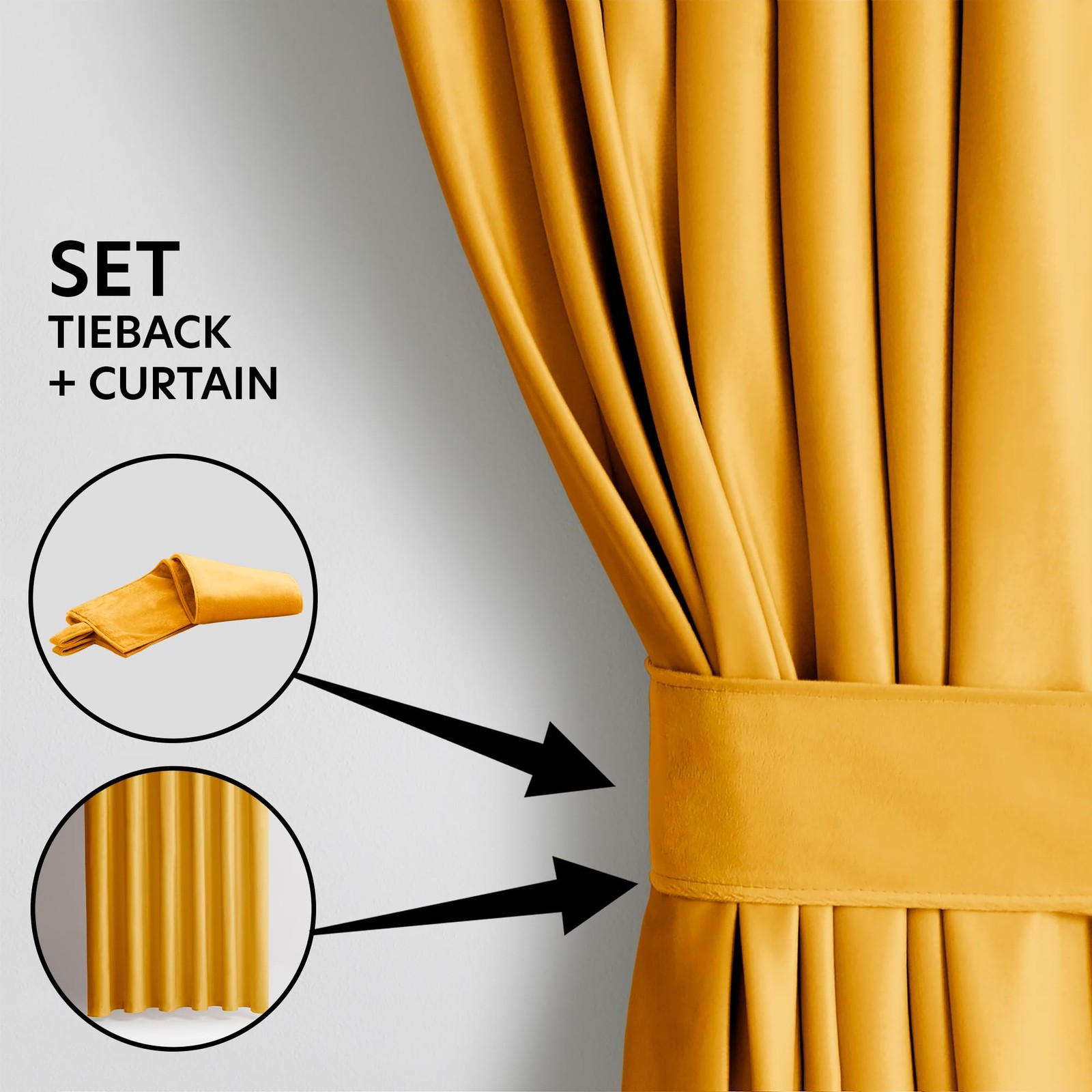 Restilo Set Curtain H 270 x W 140 cm with Tie Backs 54 x 10 cm Velvet Effect S…