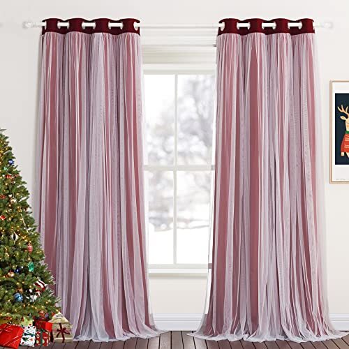 Red Curtains 95 Inches Long Solid Blackout Curtains With White Sheer Overlay 52