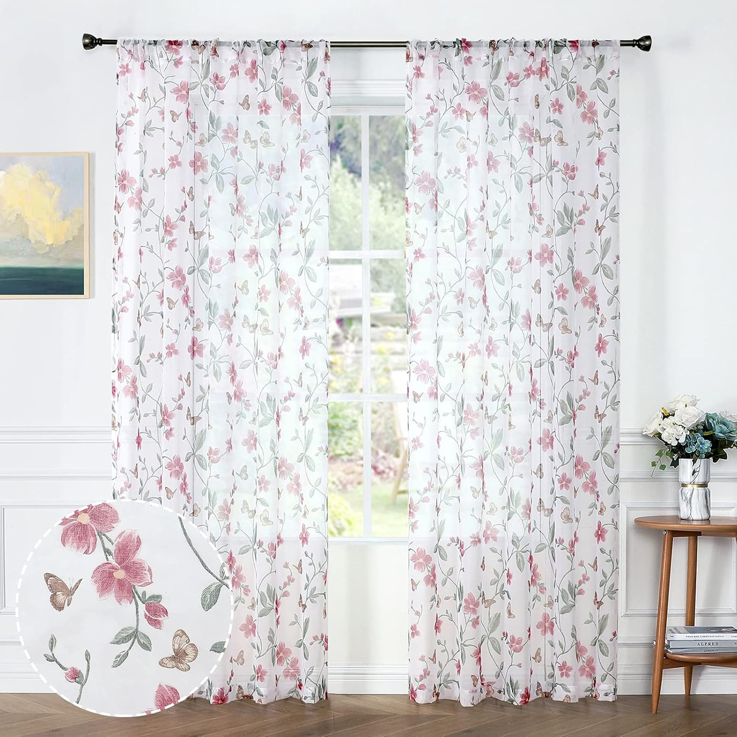 Sheer Floral Curtains Pink Flower Butterfly Printed Bedroom Curtain Rod Pocket V