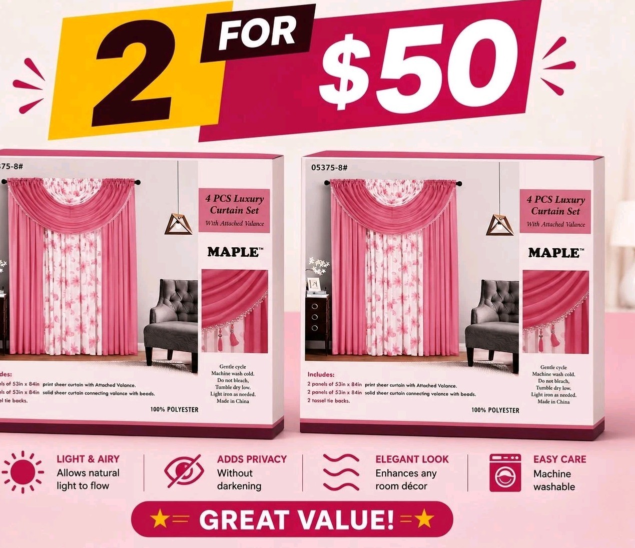 2pcs MAPLE Pink Sheer Floral Curtain Set 4PCS Rod Pocket 53x84in Polyester