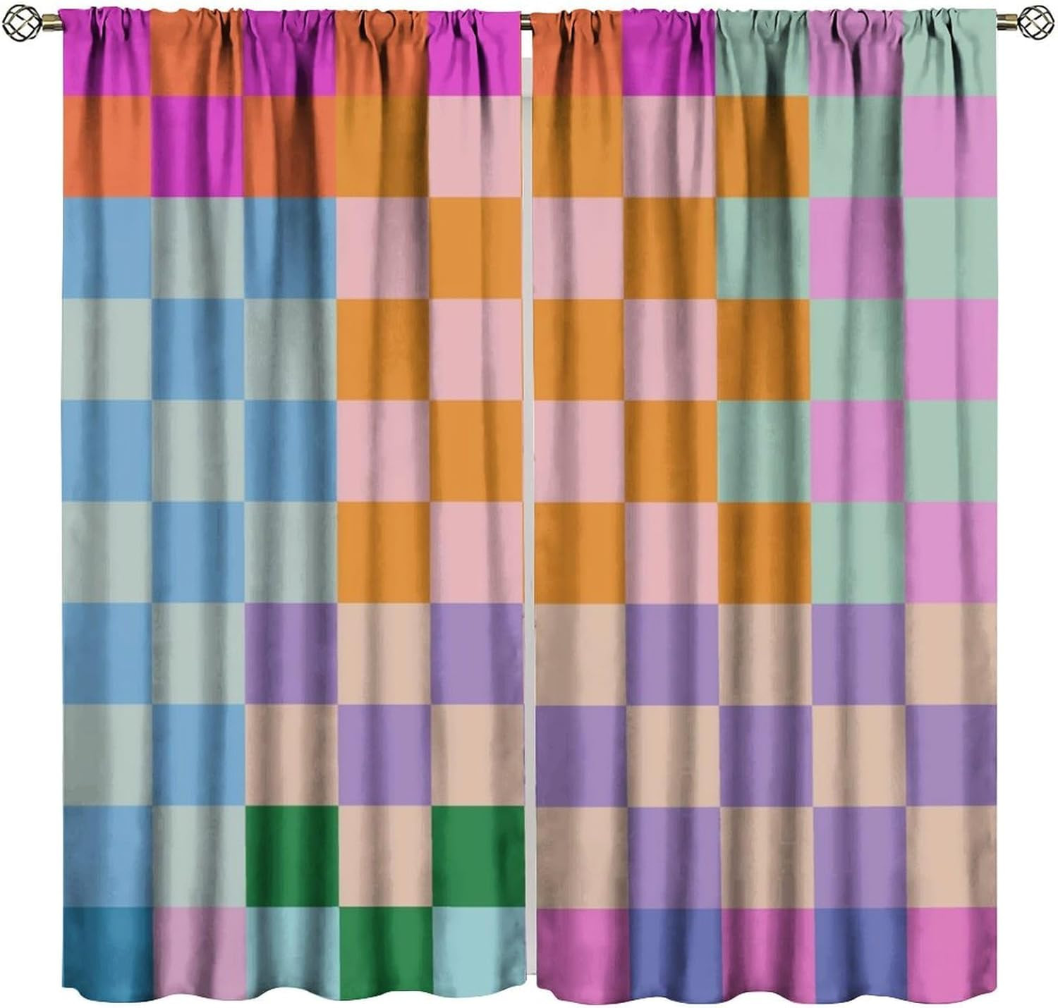 Retro Checkered Window Curtain, Colorful Geometric Modern Rainbow Groovy Simple