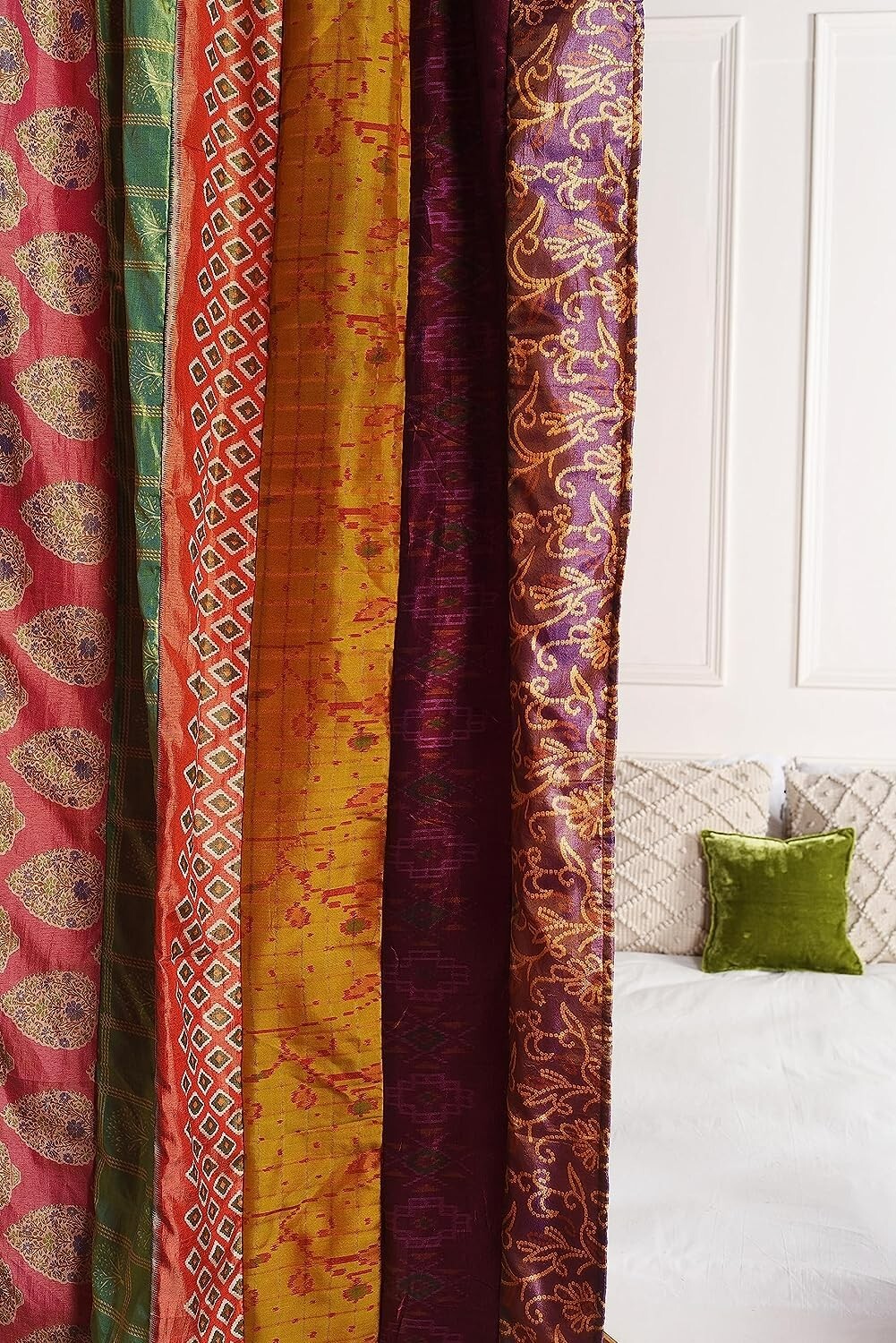 2 Pcs Indian Sari Patchwork Curtain Drape Window Decor Multi Silk Sari Curtain
