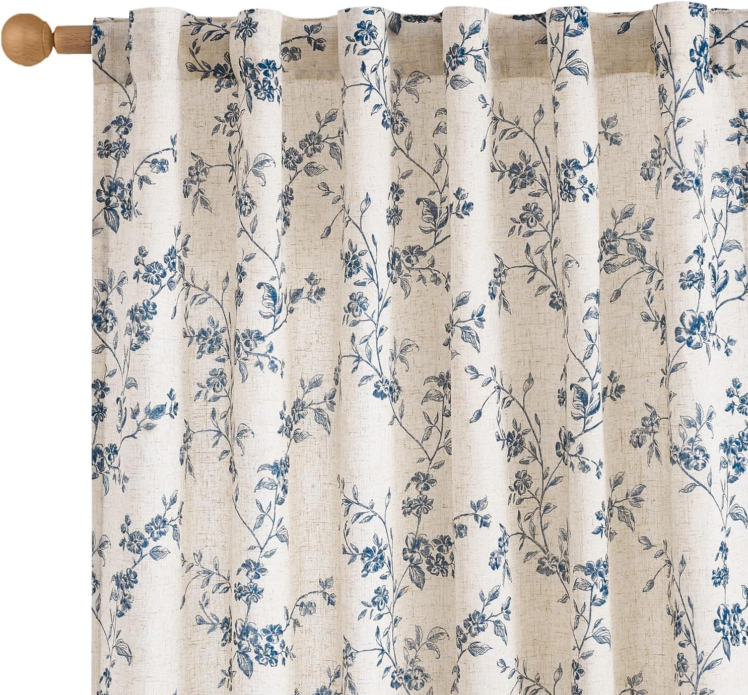 Blue Floral Linen Curtains 84 Inch Length Farmhouse Curtain Back Tab Drapes for