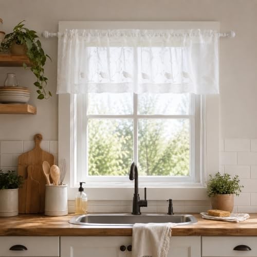 White Rod Pocket Sheer Valance, Solid Window 52″W x 18″L (Pack of 1) Birds