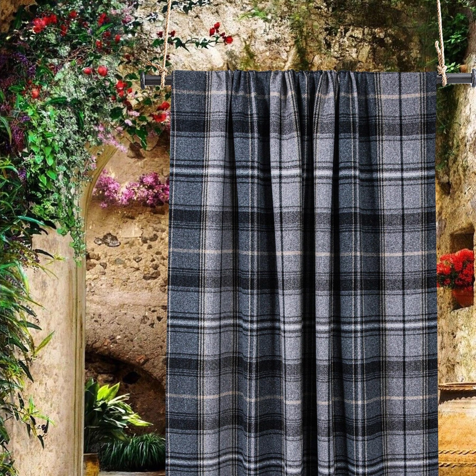 always4u 100% Blackout Woolen Look Plaid Curtains Modern Window Panels Black …
