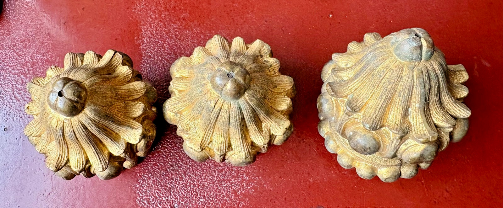 Set of 3 Antique Gilt Bronze Curtain Rod Finials 3 1/2″ Tall 3 1/2″ Wide Salvage