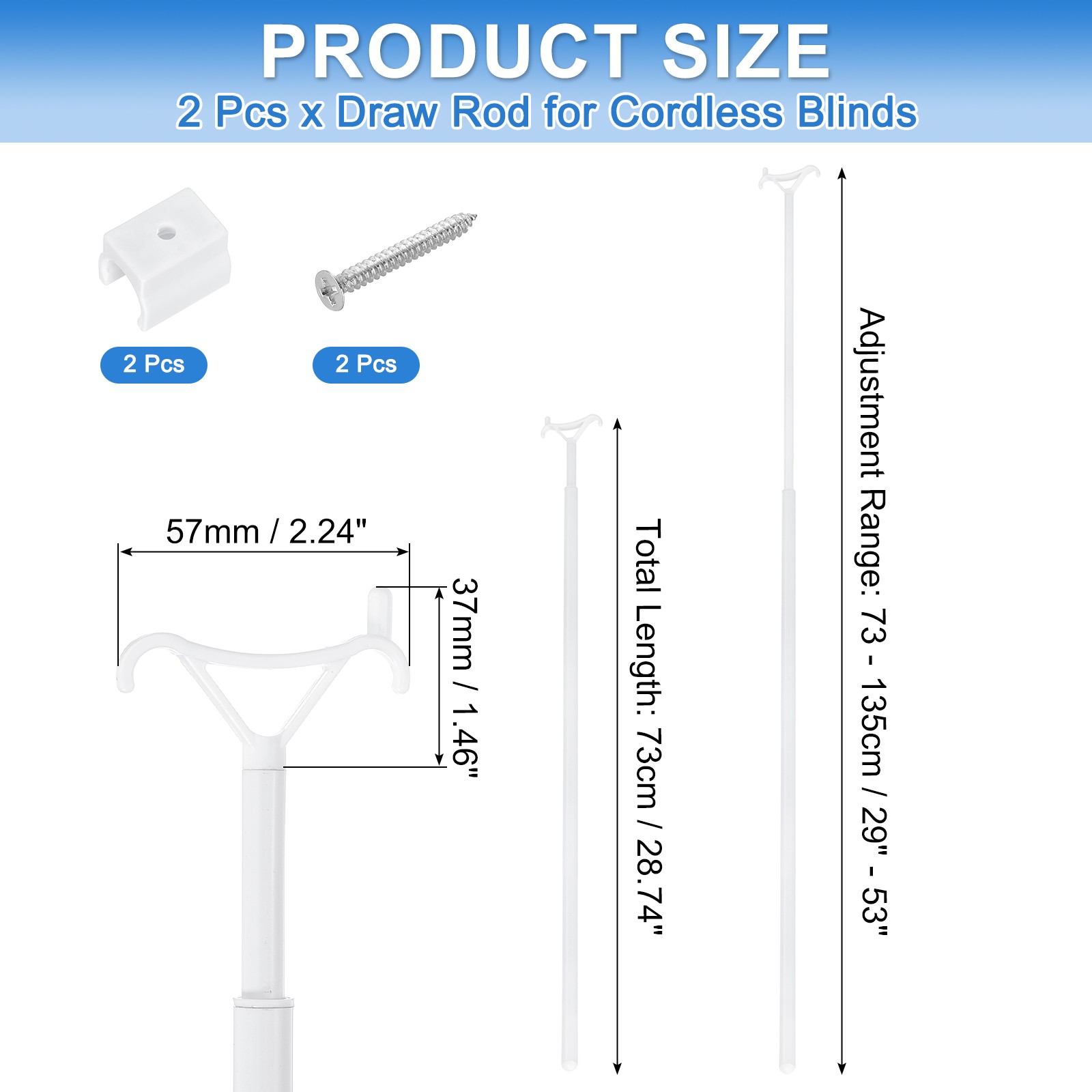 2Pcs 29″-53″ Draw Rod for Cordless Blinds Window Shades Up and Down Rod White