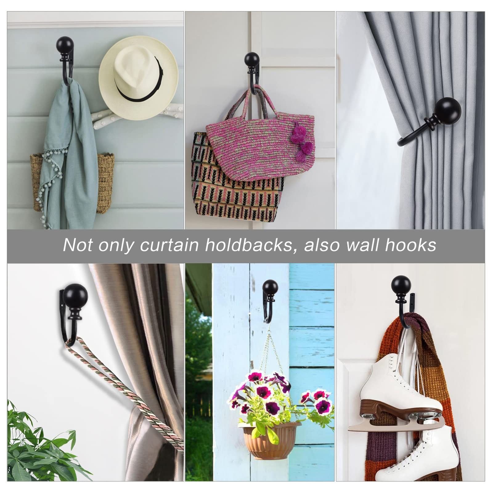 Curtain Holdbacks, Black Curtain Tiebacks Wall Mounted with Round Finials, Me…