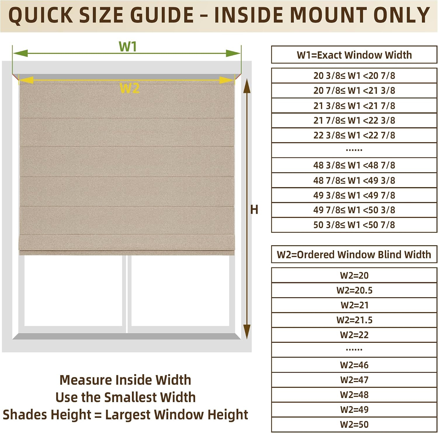 No Drill Cordless Roman Shades for Windows, Brown, 45″ W X 64″ H | 100% Blackout