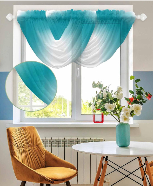Turquoise Waterfall Sheer Valance Curtains Ombre Window Drapery 3Panels 98×120cm